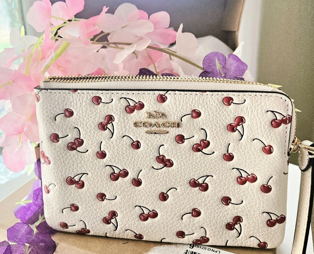 COACH Cherry Print Leather Wristlet Chalk Red Boxed Essential Small Pouch CCD36B